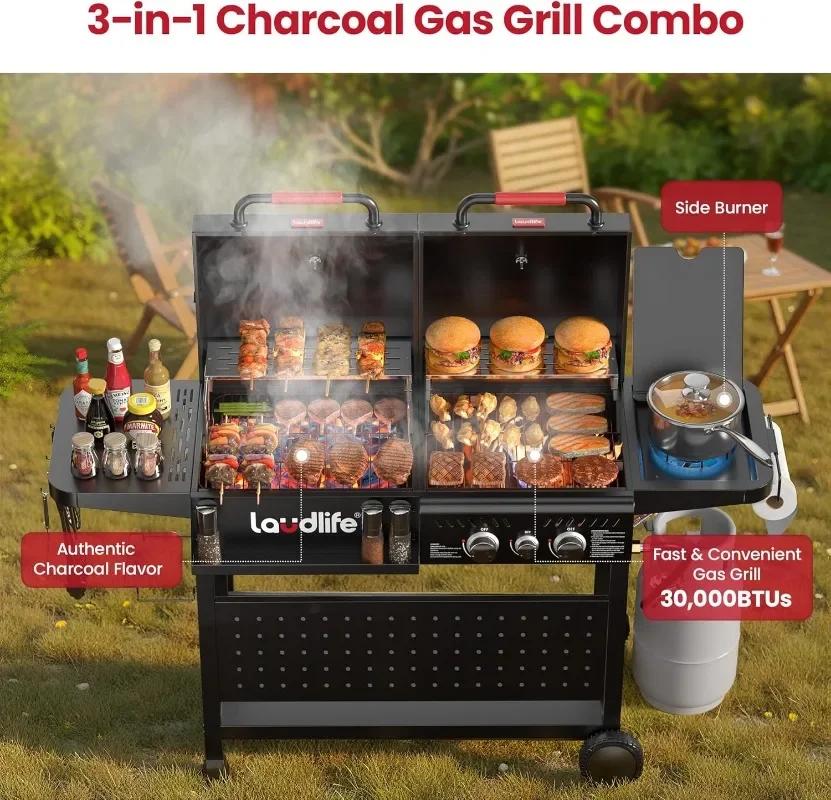 LAUDLIFE Gas and Charcoal Grill Combo with Side Burner, 3 Burners Propane BBQ Grill, 748 SQ.IN Cooking Space, Non-Stick Enamel