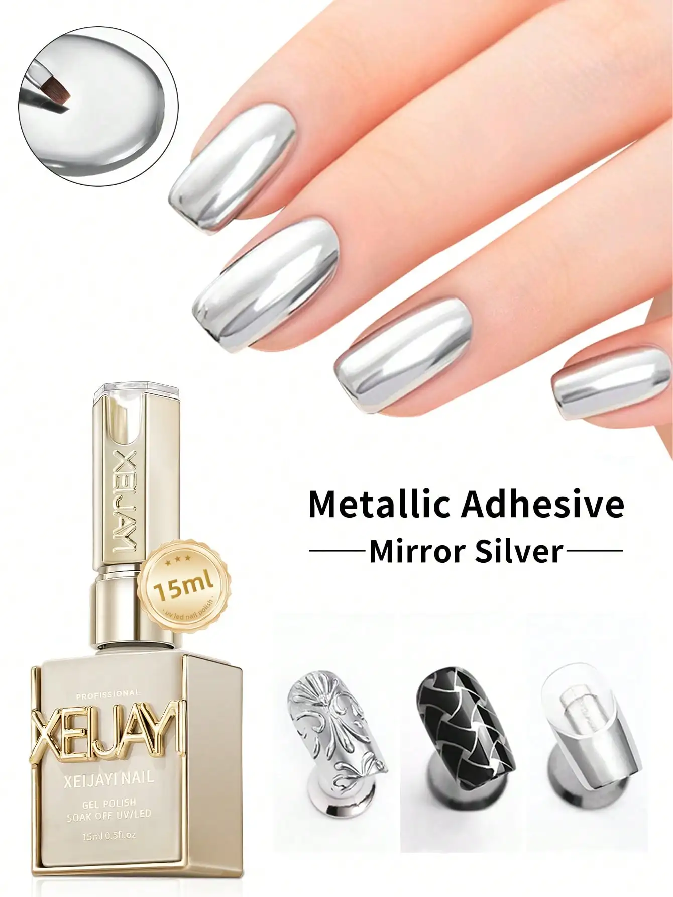 15ML Mirror Silver Metallic Painting Gel Nail Polish Soak Off Gel Nail Polish Silver Mirror Glitter UV Gel For Home Manicure DIY image 2