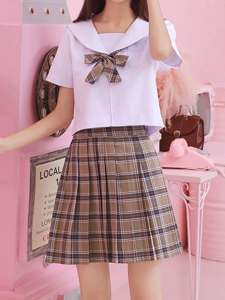 Kawaii Women\'s Mini Plaid High-Waisted Pleated Skirt Black White Anime Gothic Lolita Fashion 2022 Summer School Uniform Clothing