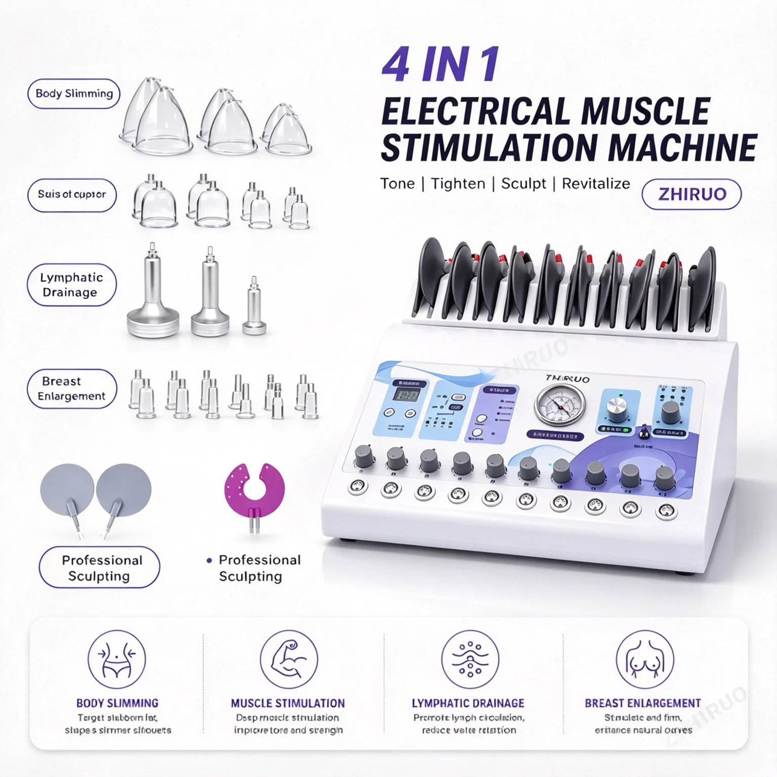 Portable EMS Machine with TENS Pads Vacuum Therapy for Muscle Recovery Pain Relief Body Contouring Breast and Butt Lift