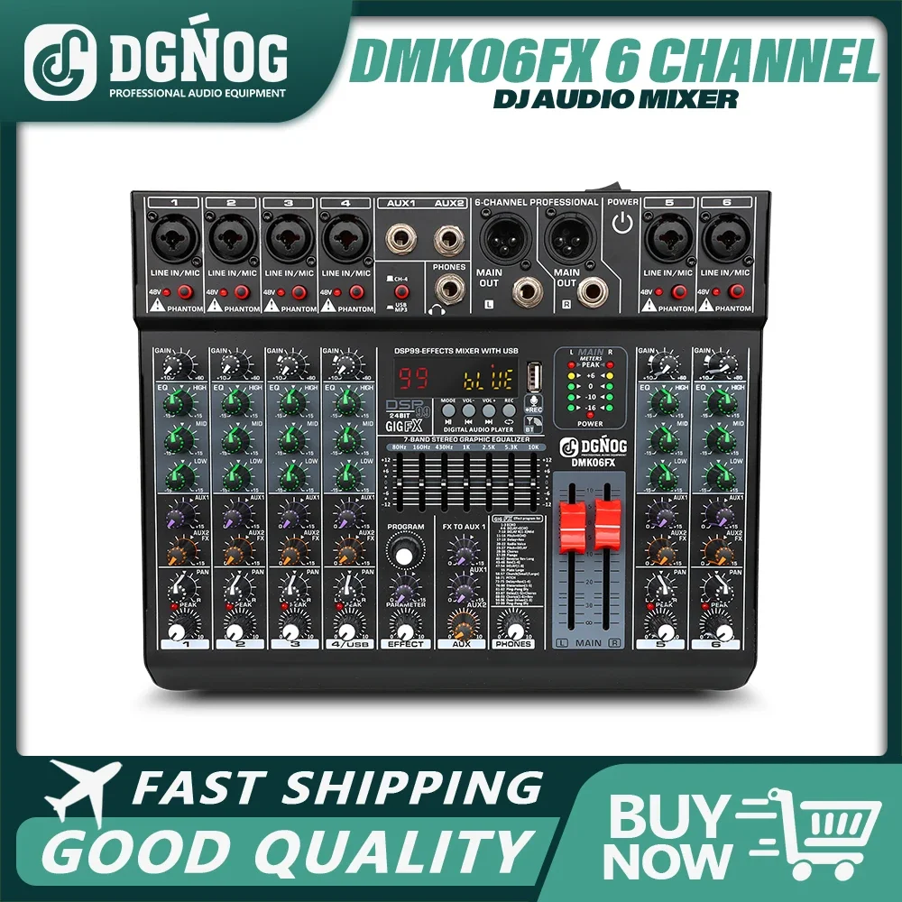 6 Channels Audio Mixer DGNOG DMK06FX Mixing DJ Console USB Bluetooth with 48V Phantom Power 99 DSP Effects Sound Table for Stage