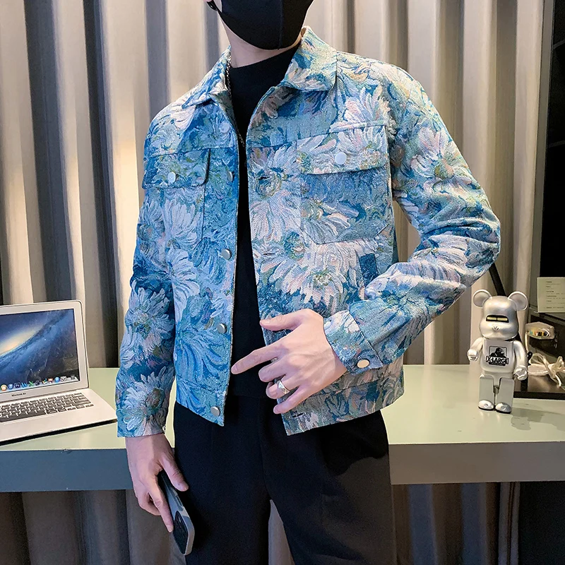 Korean Art Flower Jacquard Jacket for Men Fashion Social Streetwear Bomber Jacket Men Lapel Casual Business Windbreaker Coat