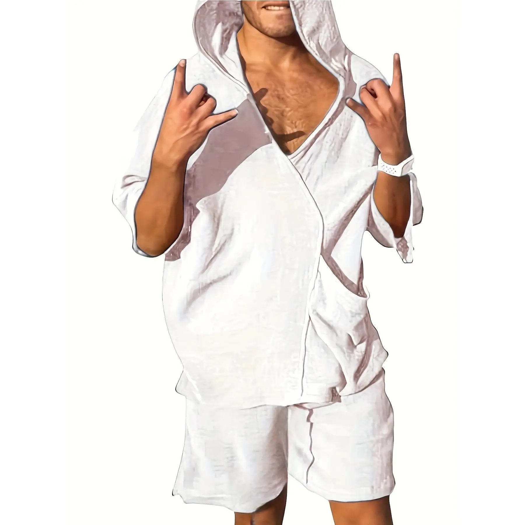 

Summer 2025 Men's Casual V-Ne ort Sve Hooded Beachwear orts Set Comfortable Lightweight Breathable Sportswear