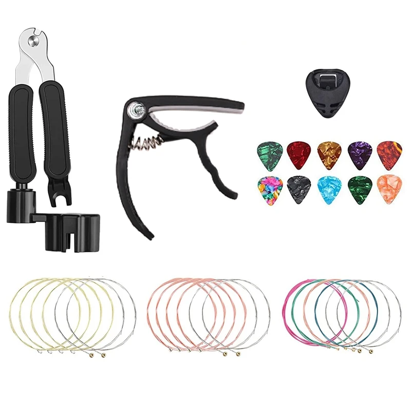 

18PCS Guitar Strings Kit,Acoustic Guitar Changing Tool,Acoustic Strings,Guitar Picks,Capo,Scale Stickers,Picks Holder