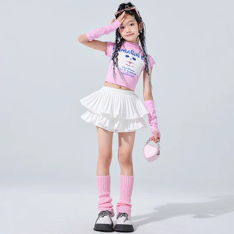 Girls Hip Hop Crop Top White Street Dance Skirt Children Sweet High Neck T-shirts Streetwear Clothes Sets Kids Jazz Costumes