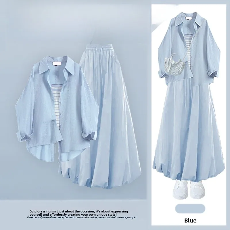 

Korean Style Spring Summer Women's Set Shirt Dopaamine Stripe Halter Top High Waist Puffy Skirt Casual Fashion Ensemble