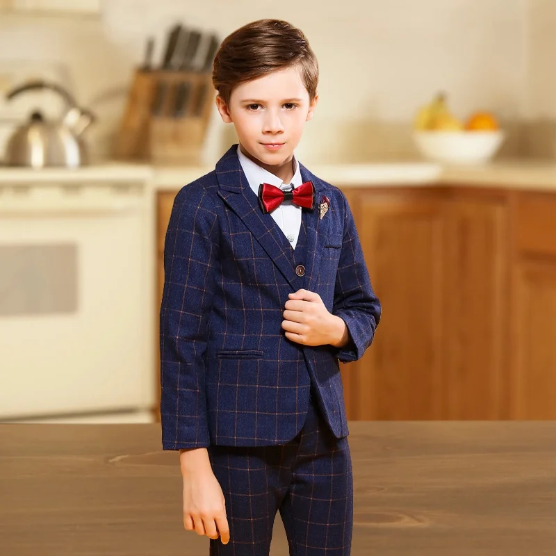 Kids Formal Jacket+Vest Pants Bowtie 4pcs Wedding Suit Flower Boys Birthday Dress Children Gentleman Party performence Costume