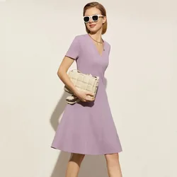 Amii Minimalism Summer Dress Women's Mini Dress Fashion Solid Vneck Slim Fit Knee-length Female Summer Dress 12160003