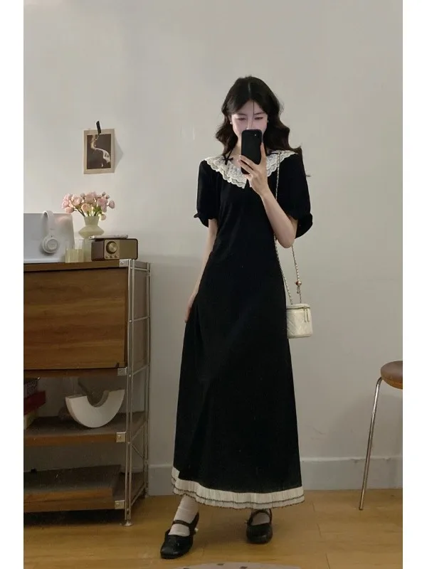 

plus Size Doll Collar Short Sleeve Lace Paneling Slimming Waist Summer New Style Black Dress Korean Style Commute Casual Long...