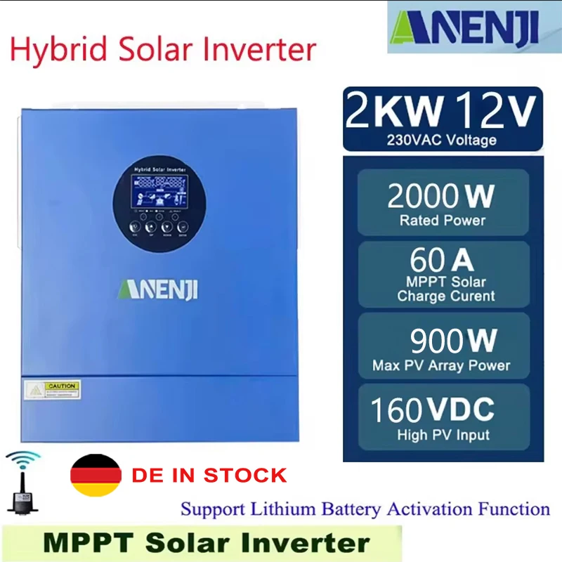 

2KW Hybrid Solar Inverter 12V 230V Photovoltaic Inverter Pure Sine Wave Built-in 60A MPPT Solar Charge Controller PV 160V