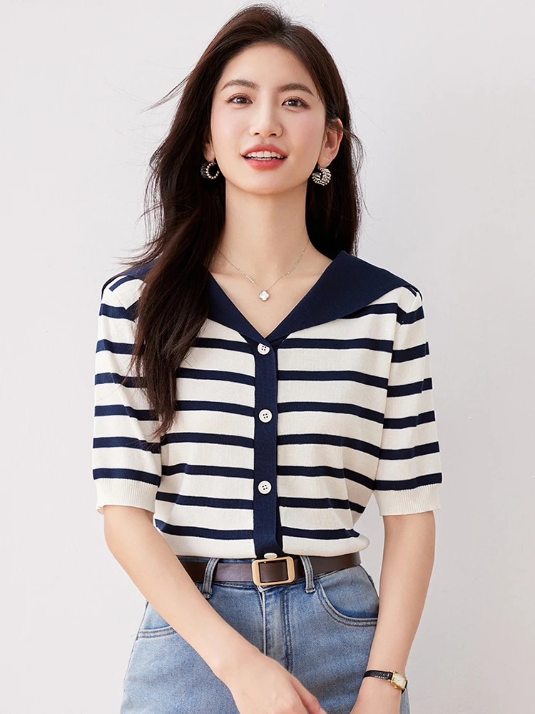 Korean V-neck Striped Knitted Cardigan For Women 2024 New Summer French Simple Single Breasted Short Sleeve Chic Top