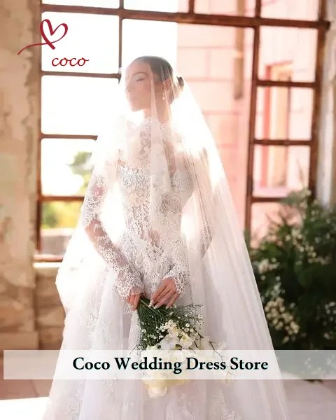 Customized Luxury High Neck Lace Applique Wedding Dresses Cut Out Tulle Outdoor Bridal Gowns Bride Party Dress Vestido De Novia