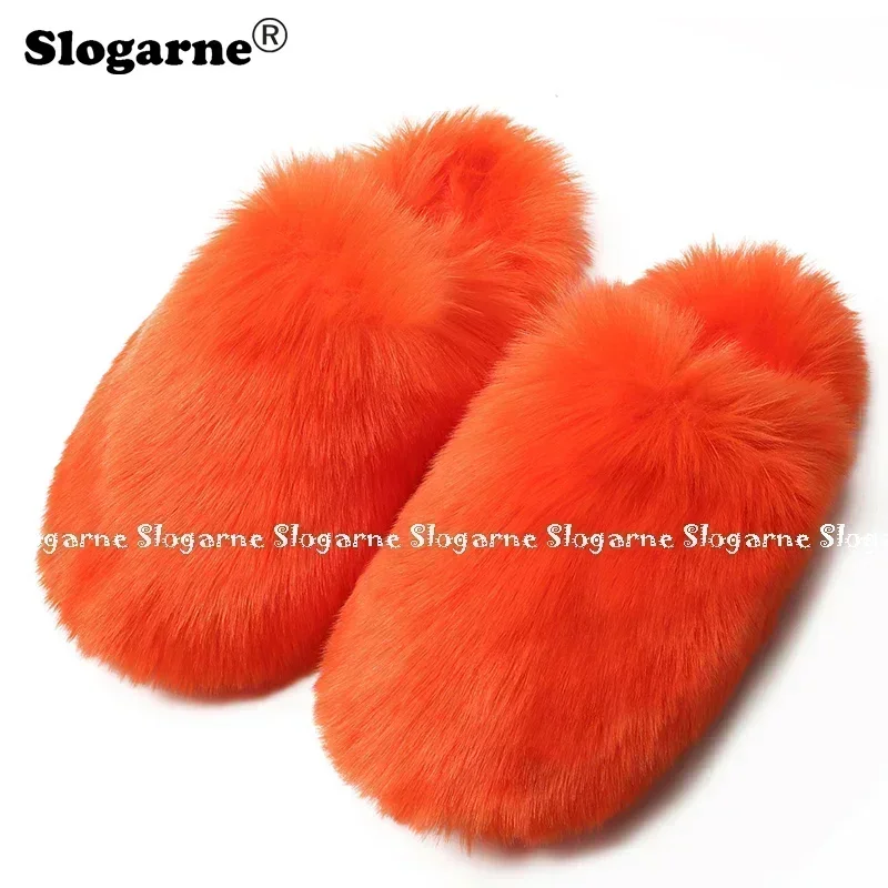 Ladies Winter Faux Raccoon Fur Slippers Women Warm Fur Slides Girls Luxury Furry Faux Fox Fur Slippers Home Outdoor Cotton Shoes