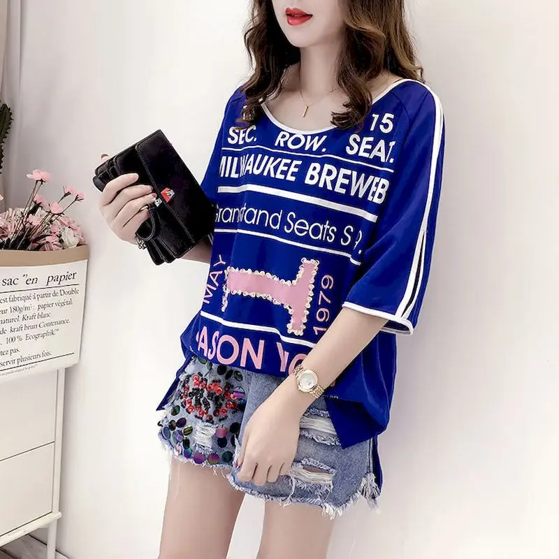 

2024 Summer T-shirt Women Korean Style Slimming Large Size Loose Mid-sleeve T Shirt Heavy Industry Letter Printing Sequin Tops