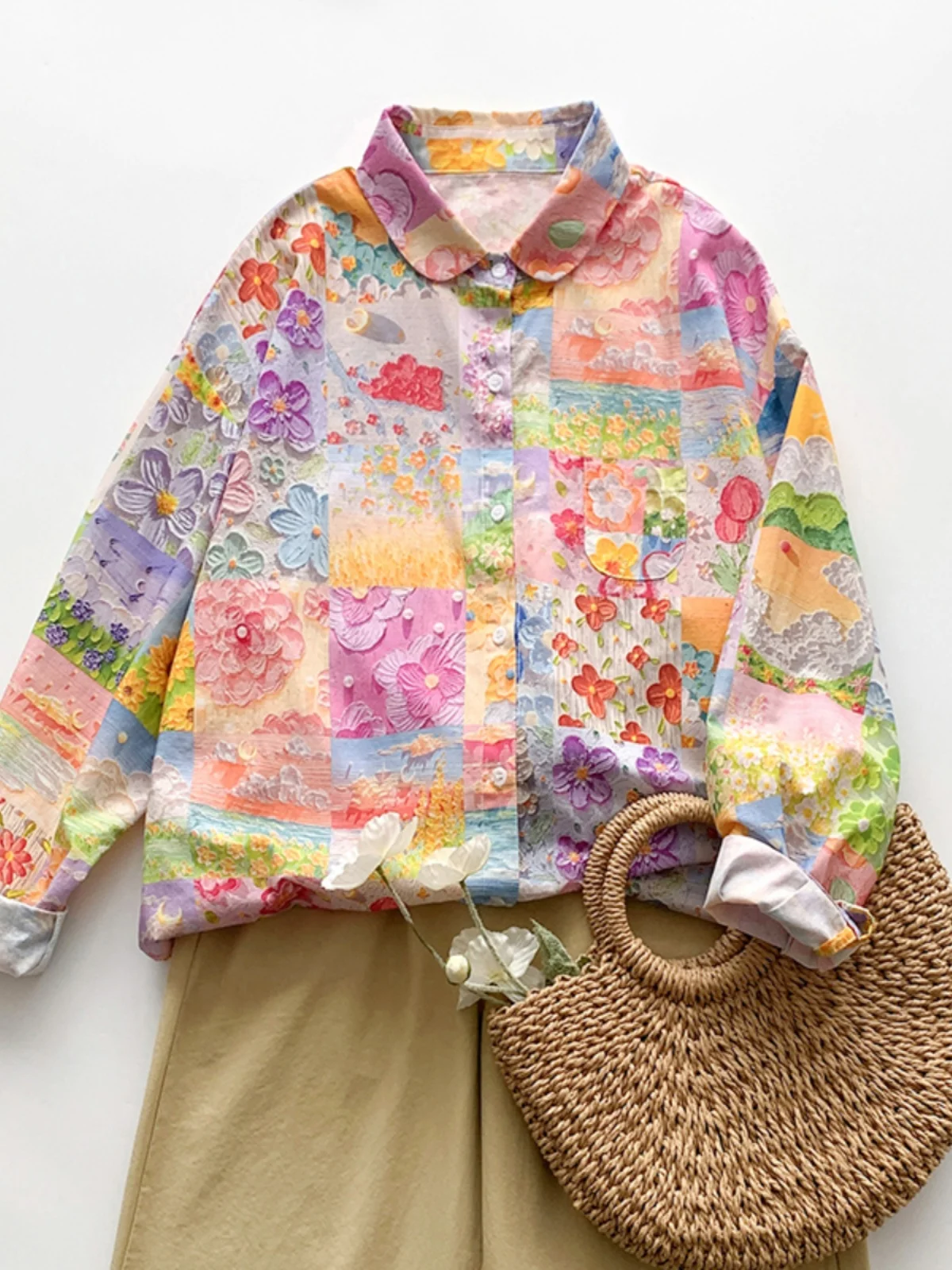 

Spring Artistic Vintage Loose Cotton irt Pure Cotton Printed Casual Versatile Long Sve Button up Women's Faion