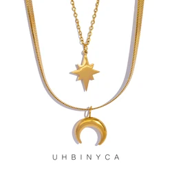 Star and Moon Double Layered Pendant Stainless Steel Necklace Plated with 18K Gold