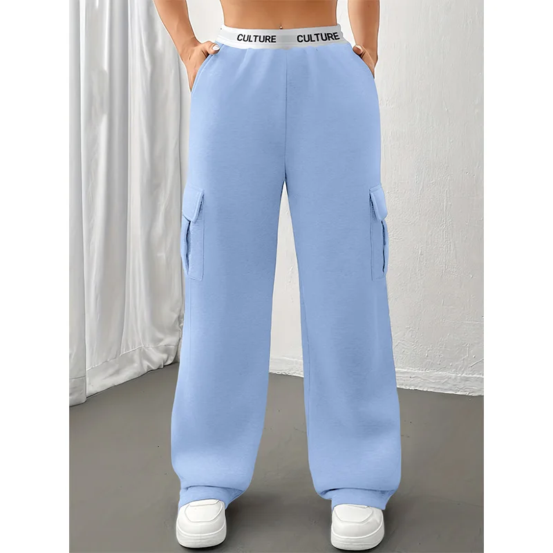 السراويل النسائية بلون حزام العمل السراويل عارضة فضفاض جيوب جانبية المرأة سحب السراويل النسائية الاتجاه الموضة