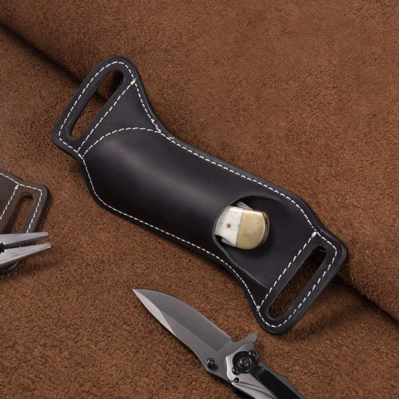 Funda para Cuchillo de cinturón, bolsa multiherramienta de PU para herramientas al aire libre, cuchillo plegable de bolsillo, soporte de cuero de vaca para acampar al aire libre