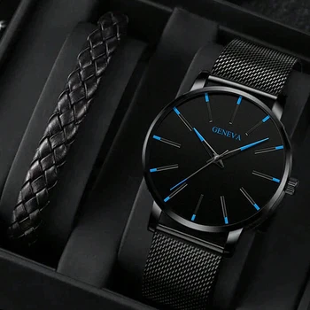 2 adet/takım erkek kadın iş Quartz saat Minimalist moda paslanmaz çelik şerit kol saati & bilezik, erkekler için hediye onu