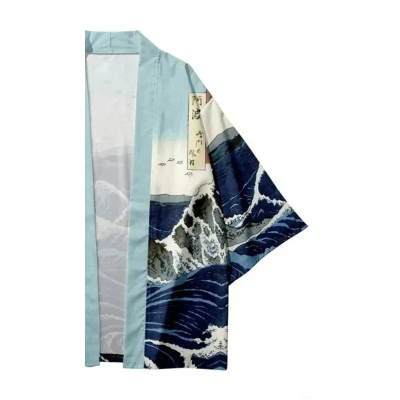 بيع الرجال النساء ثوب الكيمونو الياباني موجة موجة طباعة الأخضر التقليدية Haori سترة أعلى