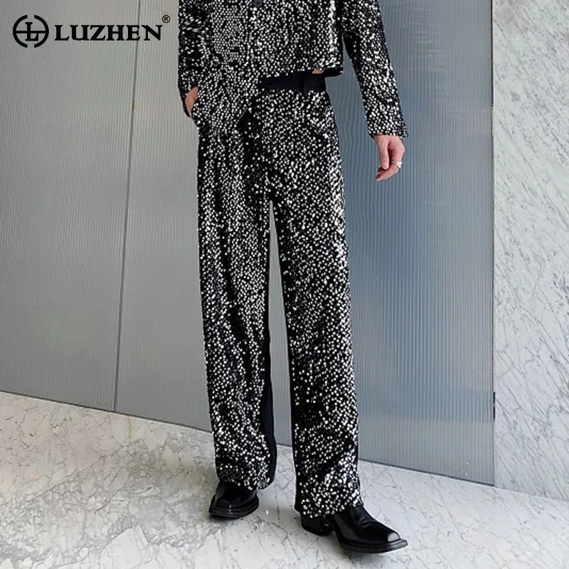 Luzhen moda personalidade lantejoulas emenda design calças retas elegantes na moda calças de rua alta masculina roupas de festa lz6012