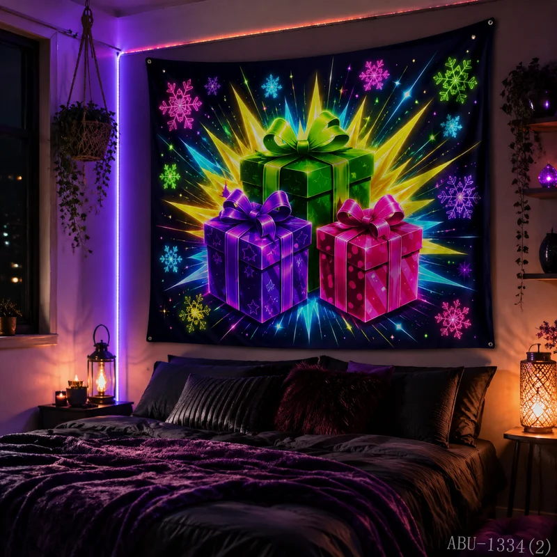 VIKAMA Aurora Lake Neon Gift Box Snowflake Starry Sky Christmas Tapestry Background Hanging Cloth Living Room Decoration