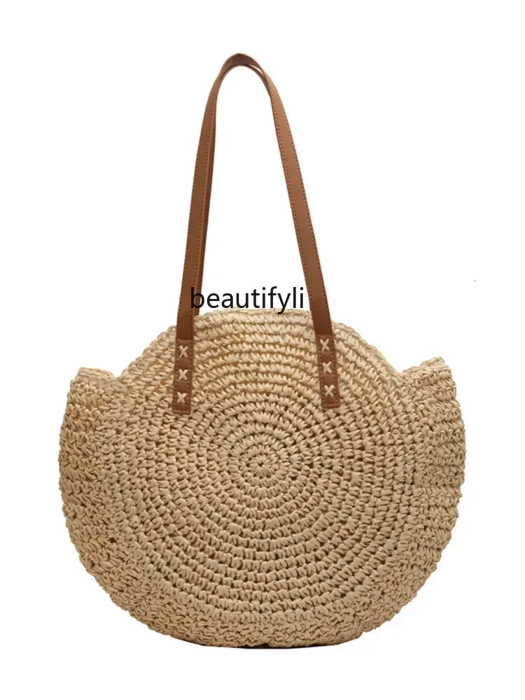 

zqWoven Straw Woven Bag Women's Large Capacity Niche Summer Shoulder Beach Bag Commuting Semicircle Bag