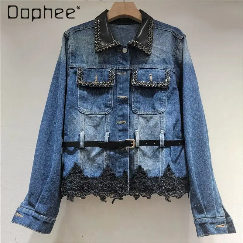 2025 Autunno nuovo blocco di colore colletto rovesciato strass monopetto doppia tasca giacca di jeans con finiture in pizzo pieghettato