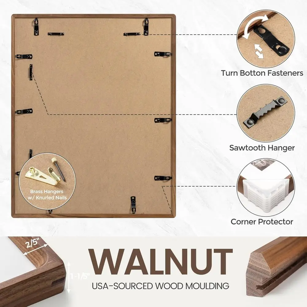 إطار صور من خشب الجوز الطبيعي مقاس 16 × 20 مصنوع يدويًا مع زوايا مستديرة، مصنوع يدويًا لصور 11 × 14، زجاج مقسى، قابل للتركيب على الحائط