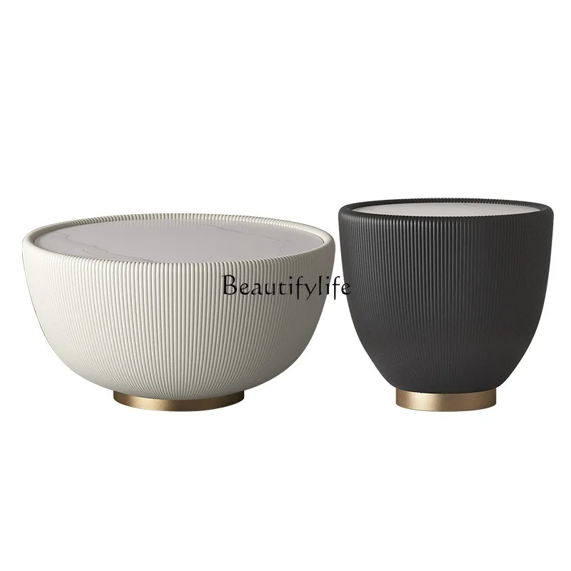 

*Marble coffee table Simple modern stainless steel round gold-plated coffee table