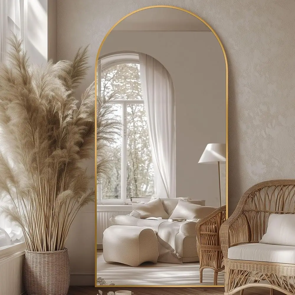 76x34 Large Arched Floor Mirror for Living Room or Bedroom in Gold