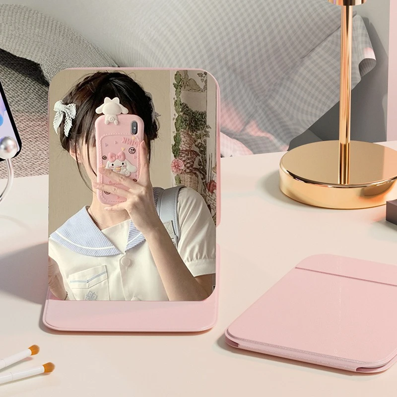 Simple Desktop Makeup Mirror PU Leather Portable Handheld Makeup Mirror Foldable Student Compact Cute Pocket Mirror  Solid Color
