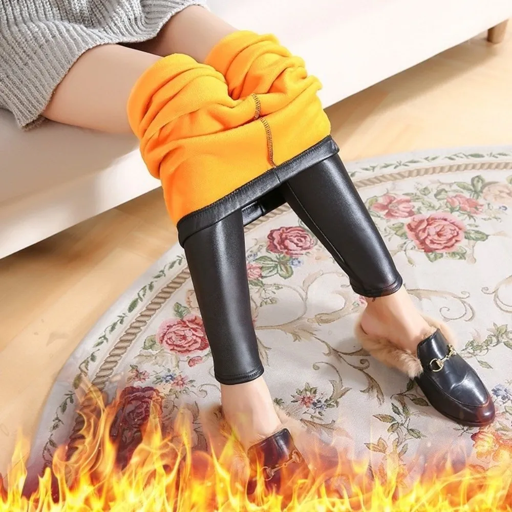 Faux Leather Faux Leather Pants Fleece Lined Plus Size Fleece Lined Leggings Elastic Waist Autumn Winter Plus Size Outer Wear