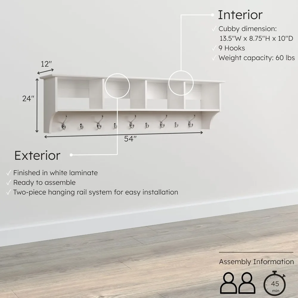 حامل معطف مثبت على الحائط مقاس 60 بوصة مع 4 أرفف، أبيض، مثالي لتخزين المدخل أو المدخل، 11.5 بوصة عمق × 60 بوصة عرض × 16.5 بوصة ارتفاع #3