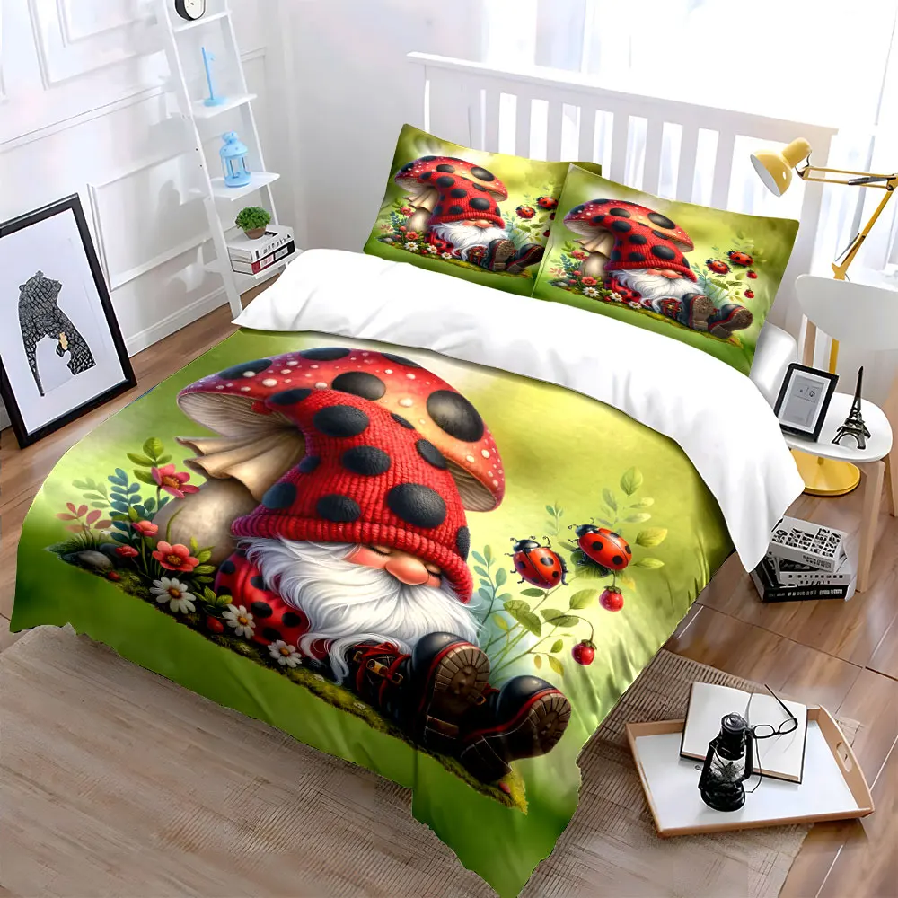 Garden Gnome Mushroom Set Decor Soft Skin-Friendly Bedding Set Includes 1 Duvet Cover And 2 Pillowcase, Gift
