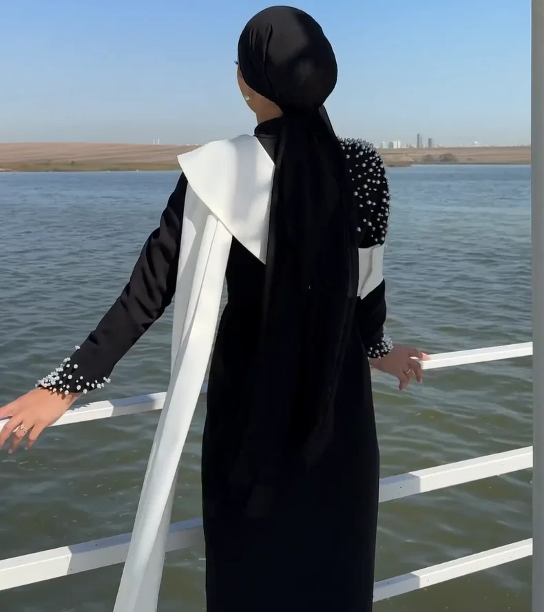 Aenyrst-女性のためのエレガントな黒のイスラム教徒のウエディングドレス,ハイカラー,ビーズのイブニングドレス,床の長さのカスタムドレス,特別な機会