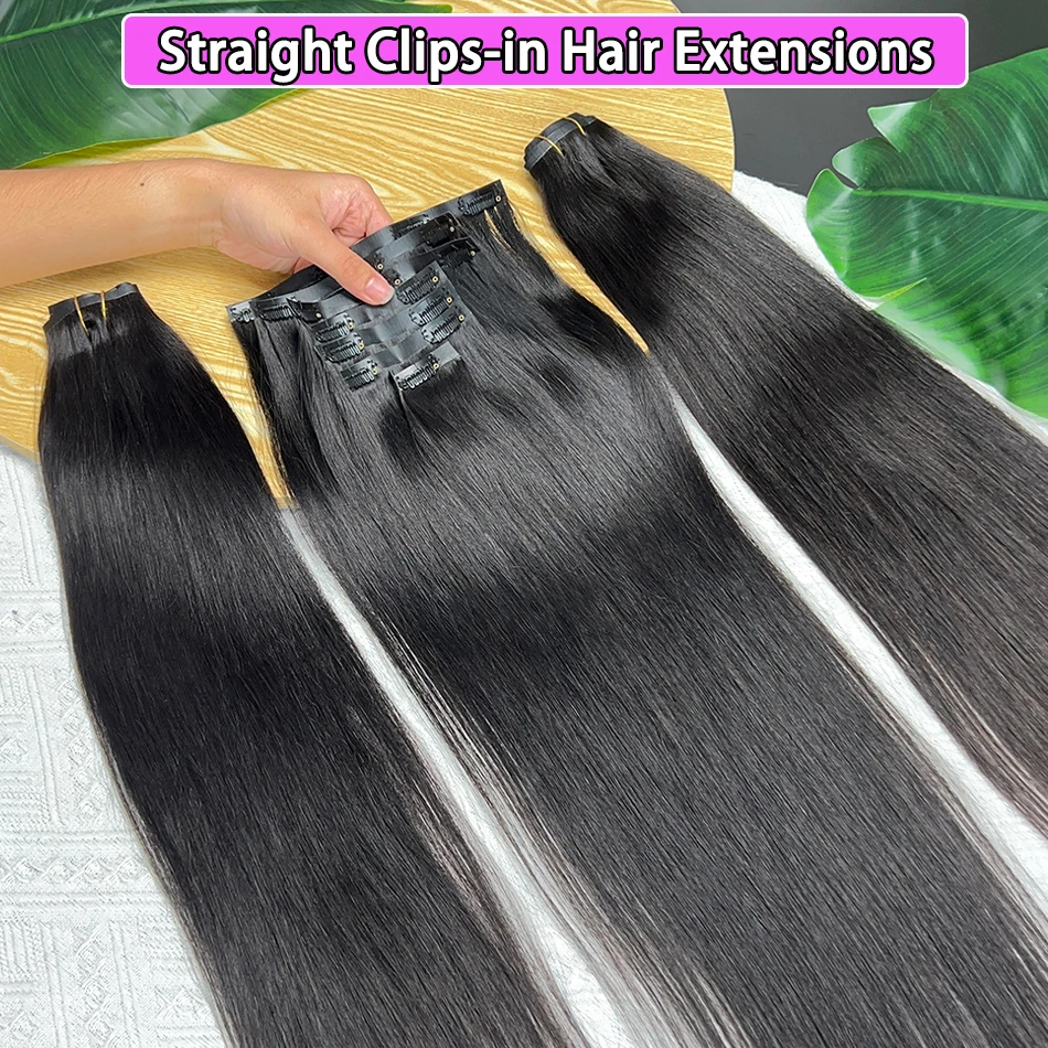 Straight Clip ins Human Hair Extensions 100 Grams 7Pcs/Set #1B Natural Black Color Seamless PU Weft Clips in Vietnamese Hair