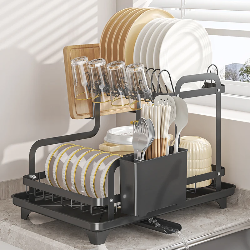 رف تجفيف الأطباق، مصفاة أطباق بطبقتين فوق الحوض، سعة كبيرة مع لوح تصريف وحامل أواني، تصريف تلقائي، غير قابل للانزلاق #4
