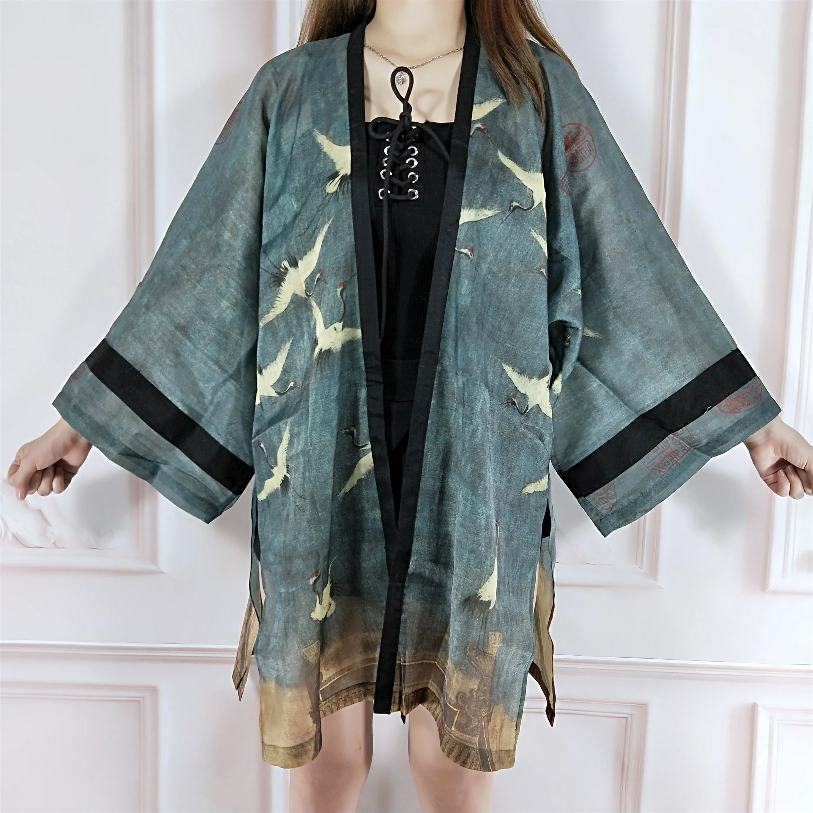 Vintage Japanese Kimono Cardigan Loose Waist Belt Sashes Split Outwear Elegant Women Summer Jacket Coat Female Blouse Top Shirt