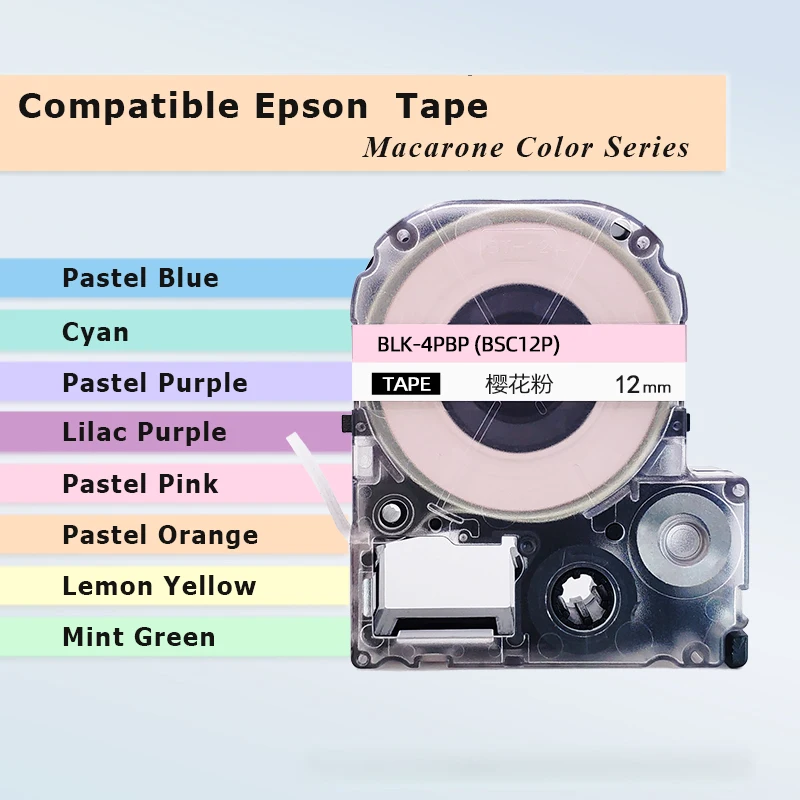 1PCS Compatible for Epson Macaron 12mmx5m Label Tapes SS12KW BLK-4PBP FOR KingJim LW-300 LW-400 LW-600P LW-700