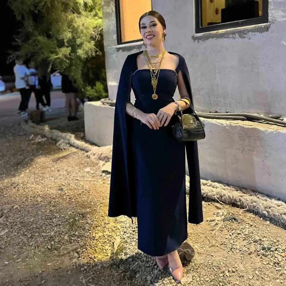 맞춤 제작 네이비 블루 안감 없는 우븐 롱 스타일리쉬 이브닝 드레스 나이트 졸업 드레스, 케이프 슬리브 스퀘어 넥 새틴 드레스