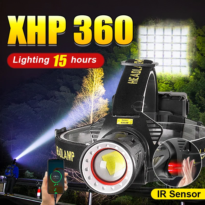 

XHP360 ультра яркий светодиодный фара USB перезарядная 18650 фара зум дальний расстояние голова фонарь IR датчик рыбалка охота лампа