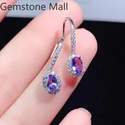 Sterling Silver Tanzanite Dangle Total 1ct 4mm*6mm Natural Tanzanite Jewelry Prevent Allergy 925 Silver Gemstone Earrings