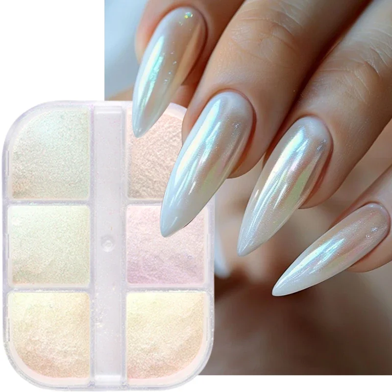 6 Grids Aurora Mirror Nails Powder Aurora Shiny Pearl Chrome Effect Pigments Gel Polish Laser Dust Glitter Manicure Decoration