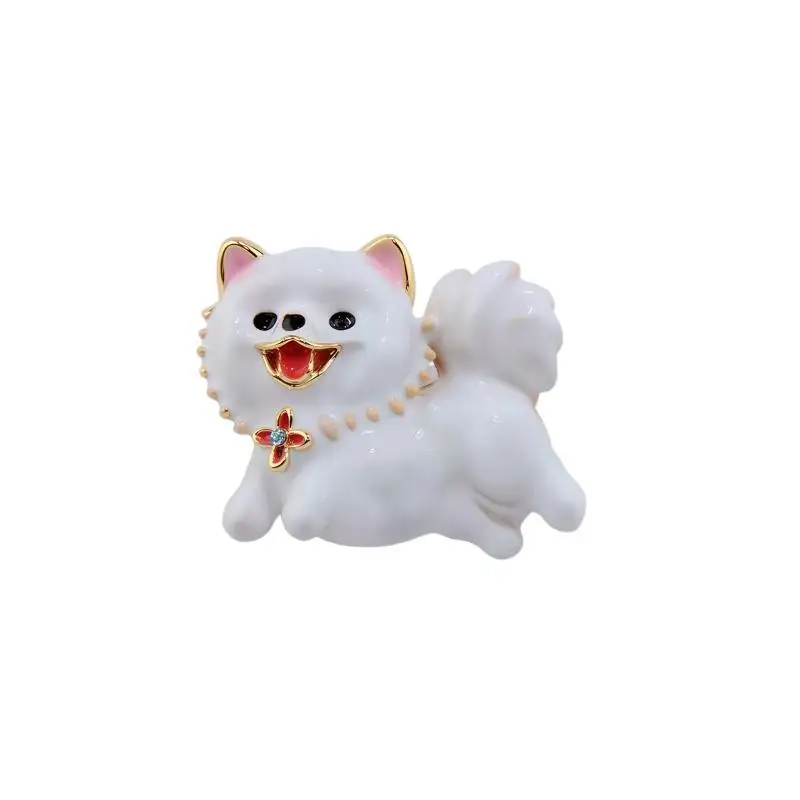 Lightweight Pomeranian Enamel Brooch White Gold Trim Pearl Detail Fashion Animal Pin for Dog Lover Christmas Gift