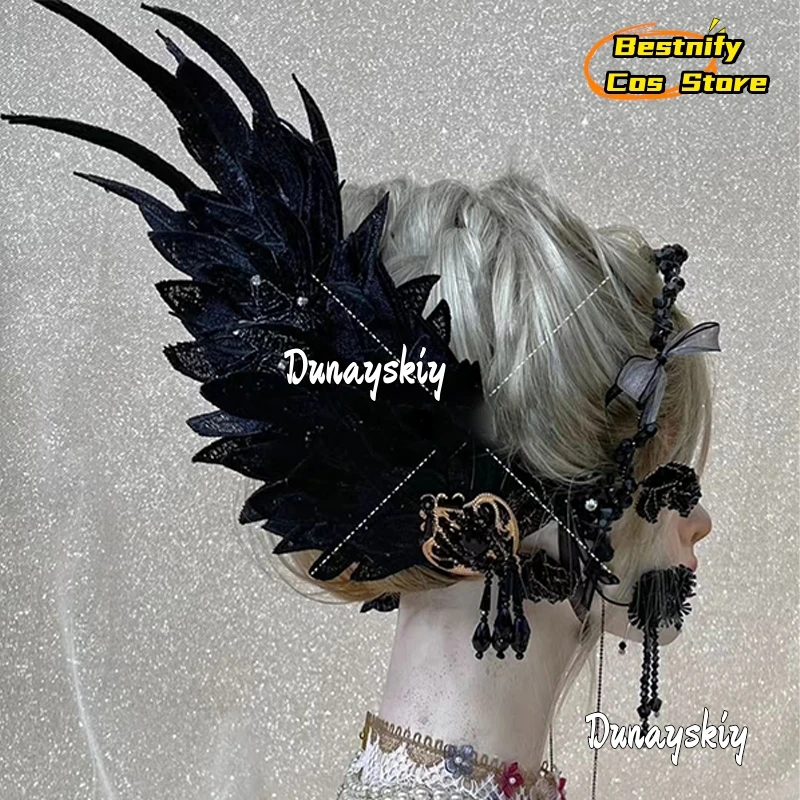 Lolita Angel Wings Lace Bow Hair Accessoire, Kawaii Hair Band, Anime Y2K Girl Maid Médiateur dress, Cosplay Jewelry, Round Head