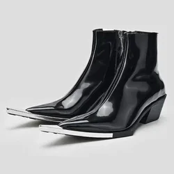 Metal Pointed Toe Chelsea Boots Women Autumn Winter Chunky Heel Short Boot Zip Punk Women Boot Designer Street Style Ankle Boots