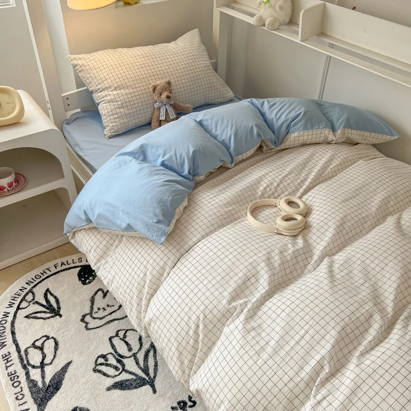 Washed Cotton Four Piece Set Student Skin Friendly Cotton Bed Sheet Three Piece Set Minimalist Ins Style Bedding