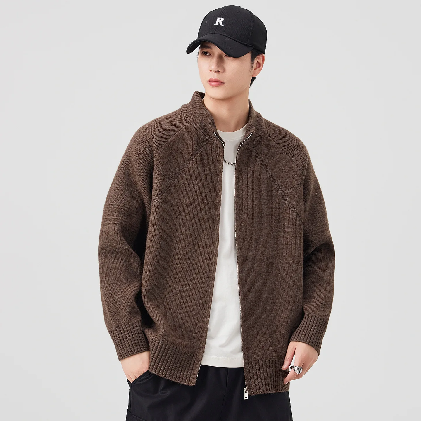 2026 Fall/Winter New Men's Half-Turtleneck Knitted Sweater Thick Long Sleeve Loose and Versatile Cardigan Jacket Men Cardigan