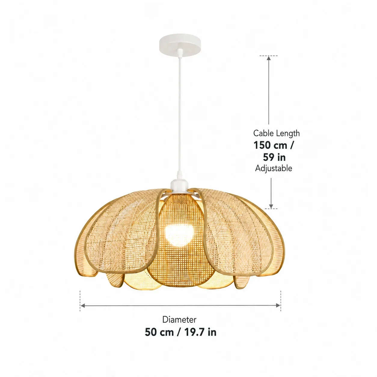 50CM Hand Woven Bamboo Chandelier Black E26 E27 Hanging Pendant Light Fixture for Kitchen Island Counter Lamp Bulbs Not Included